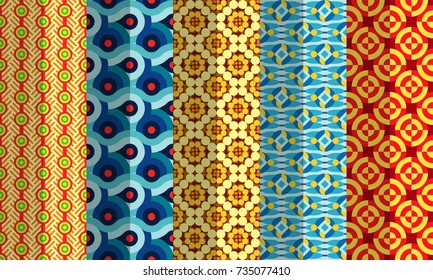 Vector Seamless Symmetry Pattern Colorful Contemporary Style Geometric Shapes, for background, texture effect, frame, pattern fills or decoration. Cute design element.