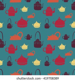 Vector seamless tea pattern set. Teapots collection. Colored hand drawn tea objects. Pastel colors yellow, brown, red, blue, orange