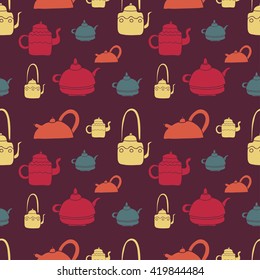 Vector seamless tea pattern set. Teapots collection. Colored hand drawn tea objects. Pastel colors yellow, brown, red, blue, orange