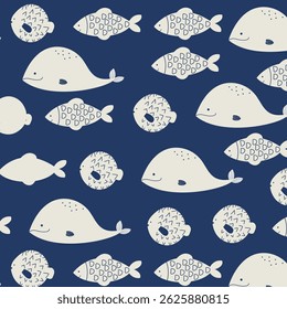 Vector seamless template with cute marine animals. Sea animals, ocean fish.Whale.Perfect for kids bedding, fabric, textiles, t-shirt wallpaper prints, wrapping paper.