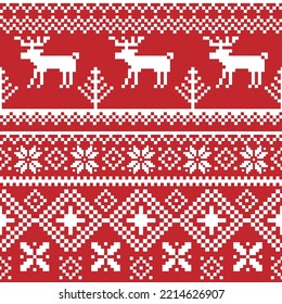 Vector seamless template with geometric pattern. New Year's pixel white geometric drawings on a red background. For printing, packaging, knitting patterns, wallpaper, textiles, web design,banner