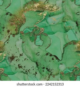Vector Seamless Template. Light Seamless Texture. Golden Water Color Marble. Gold Marble Watercolor. Foil Ink Paint. Marble Green Vector Ink. Green Gradient Background. Shiny Alcohol Ink Watercolor.