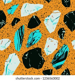 Vector seamless terrazzo floor marble pattern Mixed granite and quartz rocks and sprinkles Abstract vector background for print home decor, interior, architecture designs, fabric, textile, paper, wrap