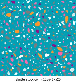 Vector seamless terrazzo pattern. Abstract colorful background. Green marble mosaic flooring with natural stones, granite, concrete, quartz