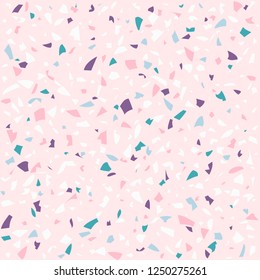 Vector seamless terrazzo pattern. Marble mosaic flooring with natural stones, granite, concrete. Light pink background. Pastel colors