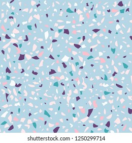 Vector seamless terrazzo pattern. Marble mosaic flooring with natural stones, granite, concrete. Pastel colors, light blue background