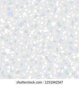 Vector seamless terrazzo pattern. Marble mosaic flooring with natural stones, granite, concrete. Light grey and blue background, natural pastel colors