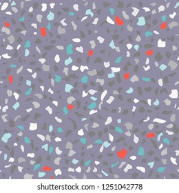 Vector seamless terrazzo pattern. Marble mosaic flooring with natural stones, granite, concrete. Grey background, red, turquoise, blue colors of chips