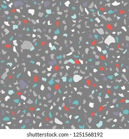 Vector seamless terrazzo pattern. Marble mosaic flooring with natural stones, granite, concrete. Dark grey background, red, turquoise, blue colors of chips