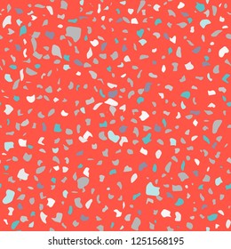 Vector seamless terrazzo pattern. Marble mosaic flooring with natural stones, granite, concrete. Red tomato background. Grey, turquoise, blue chips