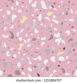 Vector seamless terrazzo pattern. Marble mosaic flooring with natural stones, granite, concrete. Pink background, white, grey, blue chips