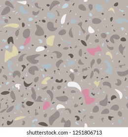 Vector seamless terrazzo pattern. Marble mosaic flooring with natural stones, granite, concrete. Grey background, white, pink, white, blue chips
