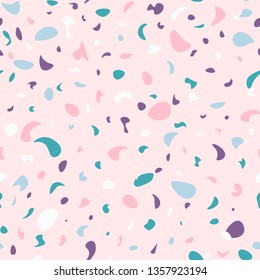 Vector seamless terrazzo pattern. Marble mosaic flooring with natural stones, granite, concrete. Light pink background. Pastel colors