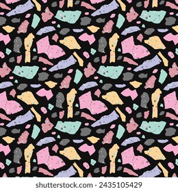 Vector seamless terrazzo pattern. Marble mosaic flooring with natural stones, granite, concrete. Light pink background. Pastel colors