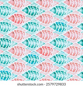 Vector Seamless Tessellation Pattern of Cute Mosaic Fish in Pink and Turquoise with White Outline and Watercolour Texture