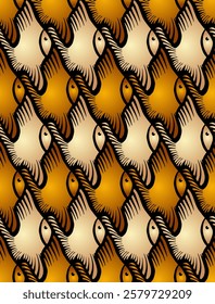 Vector Seamless Tessellation Pattern of Decorative Aquarium Fish in Gold and Light Yellow Rows