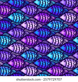 Vector Seamless Tessellation Pattern of Playful Cartoon Fish with Gradient Colours in Blue, Purple, and Pink Tones