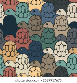 Vector seamless tessellation with smiling tortoises in stylish earthy and soft primary colors