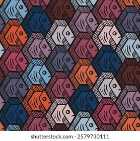 Vector Seamless Tessellation with Stylised Hexagonal Fish in Warm and Muted Colours, Inspired by Eschers Art