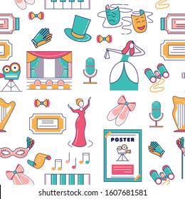 Vector seamless tetral pattern for print and background. Pattern for packaging and baby products. Set of cute minimalistic funny theatrical icons.