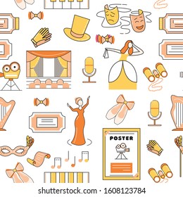 Vector seamless tetral pattern for print and background. Pattern for packaging and baby products. Set of cute minimalistic funny theatrical icons.