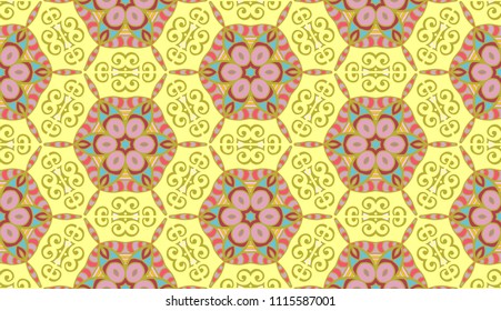 Vector seamless textile fabric pattern. Hand drawn patchwork quilt collage background.  Decorative  ethnic indian, arabic, turkish print. Abstract colorful  geometric floral motifs in mosaic style