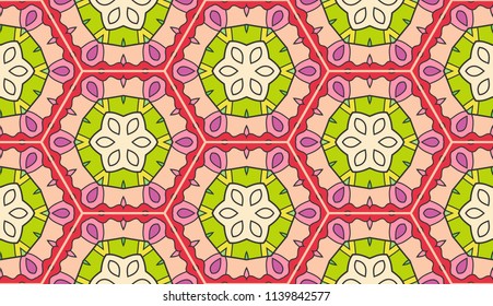 Vector seamless textile fabric pattern. Hand drawn patchwork quilt collage background.  Decorative  ethnic indian, arabic, turkish print. Abstract colorful  geometric floral motifs in mosaic style