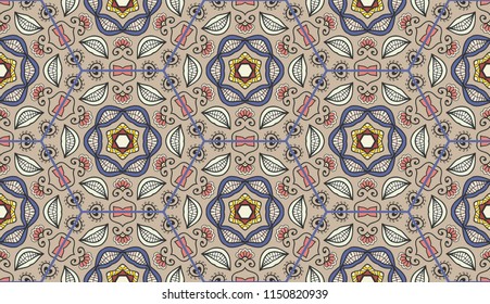 Vector seamless textile fabric pattern. Hand drawn patchwork quilt collage background.  Decorative  ethnic indian, arabic, turkish print. Abstract colorful  geometric floral motifs in mosaic style