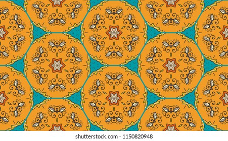 Vector seamless textile fabric pattern. Hand drawn patchwork quilt collage background.  Decorative  ethnic indian, arabic, turkish print. Abstract colorful  geometric floral motifs in mosaic style