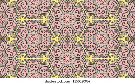 Vector seamless textile fabric pattern. Hand drawn patchwork quilt collage background.  Decorative  ethnic indian, arabic, turkish print. Abstract colorful  geometric floral motifs in mosaic style