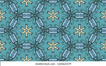 Vector seamless textile fabric pattern. Hand drawn patchwork quilt collage background.  Decorative  ethnic indian, arabic, turkish print. Abstract colorful  geometric floral ornament in mosaic style