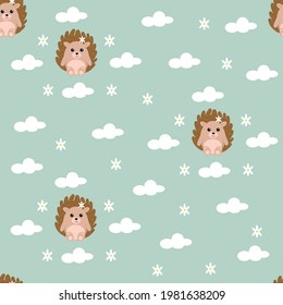 Vector seamless textile pattern with hedgehog, seamless background, pattern with clouds, wallpaper in children room