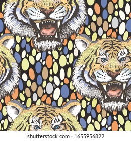 Vector seamless texture with abstract art nouveau elements and vintage hand-drawn growling tigers on a colorful background. Images of tigers are hidden under the mask, not cropped and can be edited