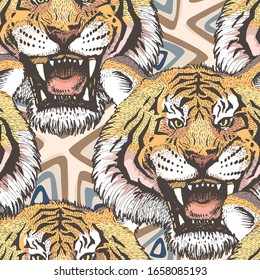 Vector seamless texture with abstract art nouveau elements and vintage hand-drawn tiger sketches. Images of tigers are hidden under mask, are not cropped and can be edited