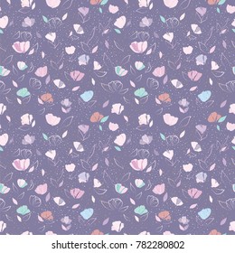 Vector seamless texture with abstract colorful flowers and leaves on purple background. Pastel floral wallpaper or wrapping