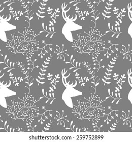 Vector seamless texture with abstract deers and florals. Vector backdrop.