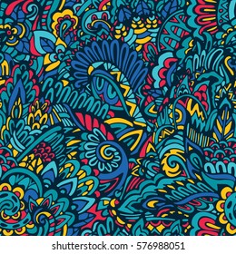 Vector seamless texture with abstract fantasy flowers. Endless background. Ethnic seamless pattern. Vector summer wave backdrop.