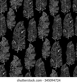 Vector seamless texture with abstract feathers. Endless background. Boho seamless pattern. Vector backdrop. Monochrome pattern. Summer template. Use for wallpaper, web page background