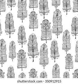 Vector seamless texture with abstract feathers. Endless background. Boho seamless pattern. Vector backdrop. Monochrome pattern. Summer template. Use for wallpaper, web page background