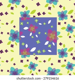 Vector seamless texture with abstract floral ornament and blue square