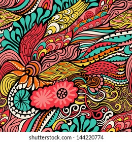 Vector seamless texture with abstract flowers. Endless background. Ethnic seamless pattern. Vector backdrop. Bright pattern. Summer template. Use for wallpaper,pattern fills, web page background