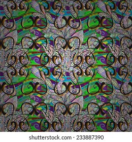 Vector seamless texture with abstract flowers and black and golden grid. Endless background. Ethnic seamless pattern. Vector backdrop. Bright pattern. eps10 