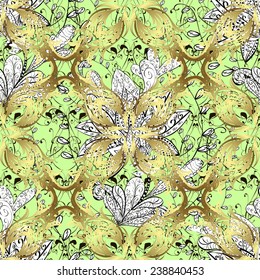 Vector seamless texture with abstract flowers and black and golden grid. Endless background. Ethnic seamless pattern. Vector backdrop. Bright pattern. 