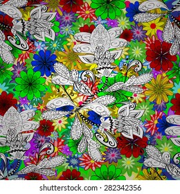 Vector seamless texture with abstract flowers. Endless background. Ethnic seamless pattern. Vector backdrop. Bright pattern. Summer template. Use for wallpaper, pattern fills, web page background 