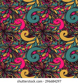 Vector seamless texture with abstract flowers. Endless background. Ethnic seamless pattern. Vector backdrop. Bright pattern. Summer template. Use for wallpaper,pattern fills, web page background