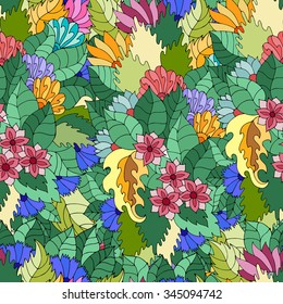 Vector seamless texture with abstract flowers and leaves. Endless background. Boho seamless pattern. Vector backdrop. Bright pattern. Summer template. Use for wallpaper, web page background