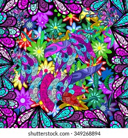 Vector seamless texture with abstract flowers. Endless background. Ethnic seamless pattern. Vector backdrop. Bright pattern. Summer template. Use for wallpaper,pattern fills, web page background