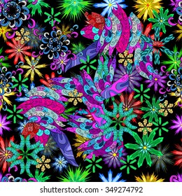 Vector seamless texture with abstract flowers. Endless background. Ethnic seamless pattern. Vector backdrop. Bright pattern. Summer template. Use for wallpaper,pattern fills, web page background 