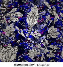 Vector seamless texture with abstract flowers on dark blue background.