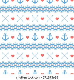 Vector seamless texture of anchors and hearts and waves on a white background